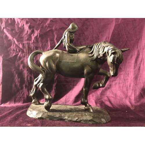 74 - Cold cast bronze horse and rider by Leicester C. Thomas 79, Rider has a damaged arm, 44cm (h) x 50cm... 