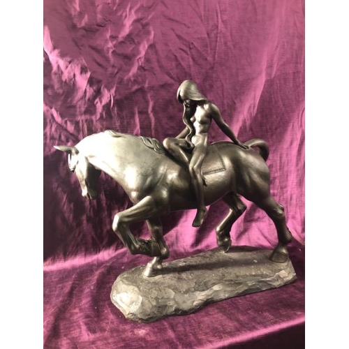 74 - Cold cast bronze horse and rider by Leicester C. Thomas 79, Rider has a damaged arm, 44cm (h) x 50cm... 