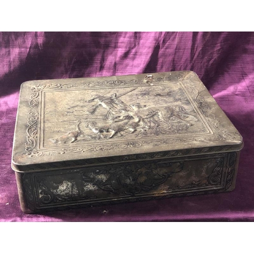 80 - Large tin depicting a hunting scene, 32cm (l) x 25cm (w) x 9cm (h)  / All lots are located at The Ba... 