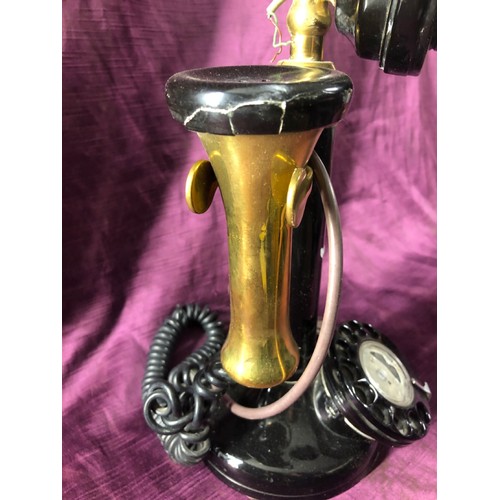 36 - Black and brass American landline telephone, rotary dial, 30cm (h)  / All lots are located at The Ba... 