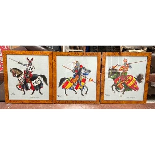 103 - Three framed and glazed acrylics, depicting medieval figures on their steeds, signed, 59cm (h) x 53c... 