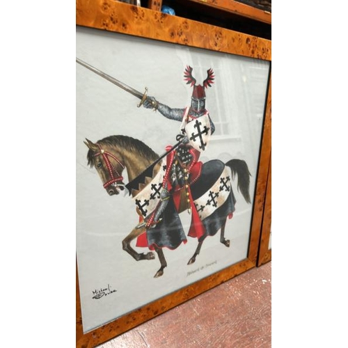 103 - Three framed and glazed acrylics, depicting medieval figures on their steeds, signed, 59cm (h) x 53c... 