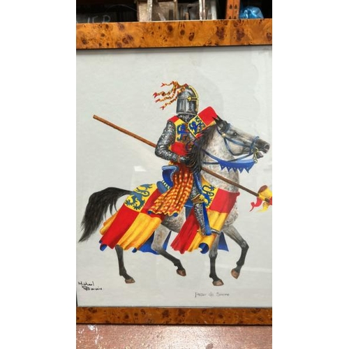 103 - Three framed and glazed acrylics, depicting medieval figures on their steeds, signed, 59cm (h) x 53c... 