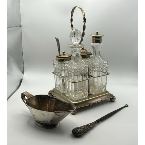 108 - A silver plated condiments set, silver plated gravy boat and boot lace hook  / All lots are located ... 