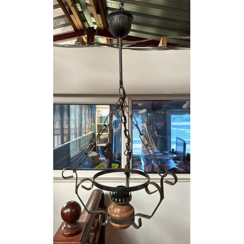 115 - A converted iron and copper ceiling light, 75cm drop x 36cm (dia)  / All lots are located at Gower R... 