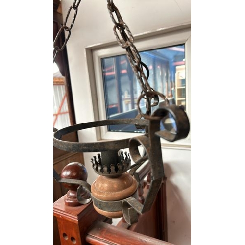 115 - A converted iron and copper ceiling light, 75cm drop x 36cm (dia)  / All lots are located at Gower R... 