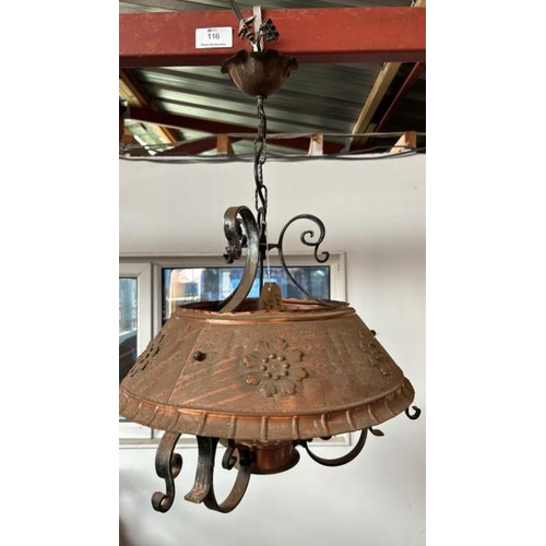 116 - A large converted ceiling lamp with wrought iron, copper and glass features, 50cm (dia) x 65cm drop ... 