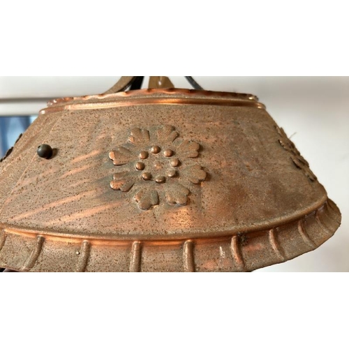 116 - A large converted ceiling lamp with wrought iron, copper and glass features, 50cm (dia) x 65cm drop ... 