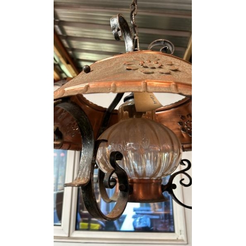 116 - A large converted ceiling lamp with wrought iron, copper and glass features, 50cm (dia) x 65cm drop ... 