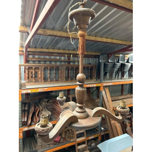 124 - A converted wooden three-arm ceiling light, 59cm drop x 47cm (dia)  / All lots are located at Gower ... 