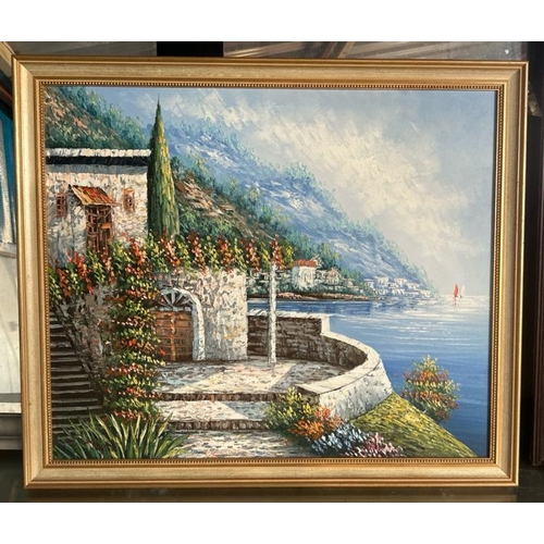 140 - A framed oil on canvas of a Mediteranean scene, unsigned, 58cm (h) x 68cm (w)  / All lots are locate... 