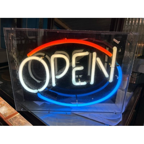 153 - Neon open sign, in working order, 33cm (h) x 44cm (w), casing slightly damaged  / All lots are locat... 