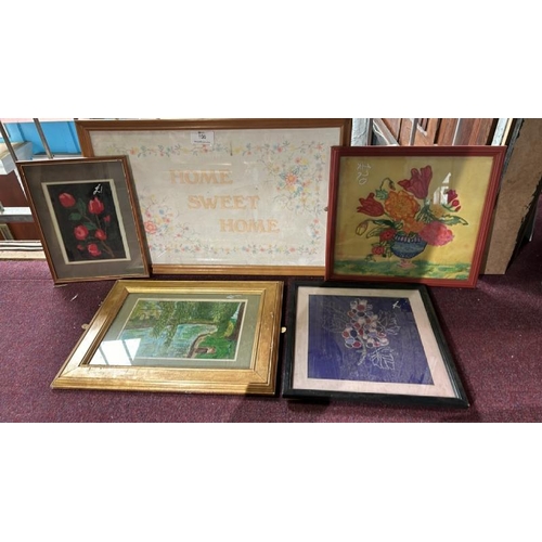 156 - Five assorted framed and glazed wall arts, largest 47cm (h) x 75cm (d)  / All lots are located at Go... 