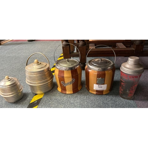 169 - Four biscuit barrels and cocktail shaker  / All lots are located at Gower Reclamation, Unit 17b, Cro... 