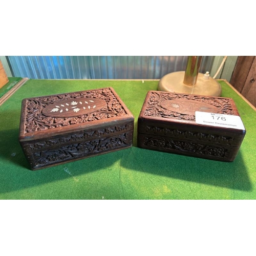 176 - Two similar carved wood trinket boxes, 16cm (w)  / All lots are located at Gower Reclamation, Unit 1... 