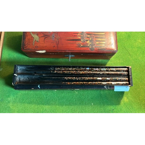 178 - Two oriental trinket boxes and set of chop sticks, largest 27cm (w)  / All lots are located at Gower... 