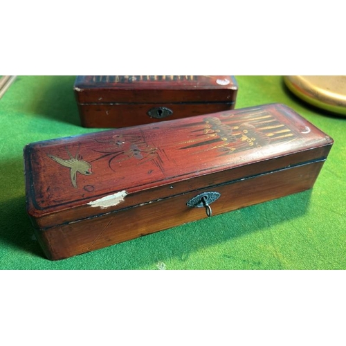 178 - Two oriental trinket boxes and set of chop sticks, largest 27cm (w)  / All lots are located at Gower... 