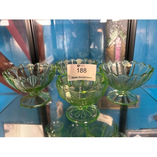 188 - Three matching and one smaller uranium glass desert cups, largest 10cm (dia)  / All lots are located... 