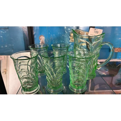 189 - Five uranium drinking glasses and one larger jug, 20cm (h)  / All lots are located at Gower Reclamat... 