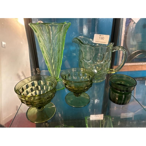 190 - Five assorted uranium glass pieces including desert cups, vases and jugs, largest 20cm (h)  / All lo... 