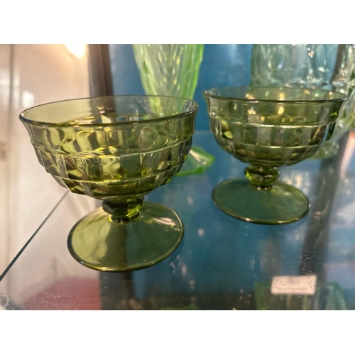 190 - Five assorted uranium glass pieces including desert cups, vases and jugs, largest 20cm (h)  / All lo... 