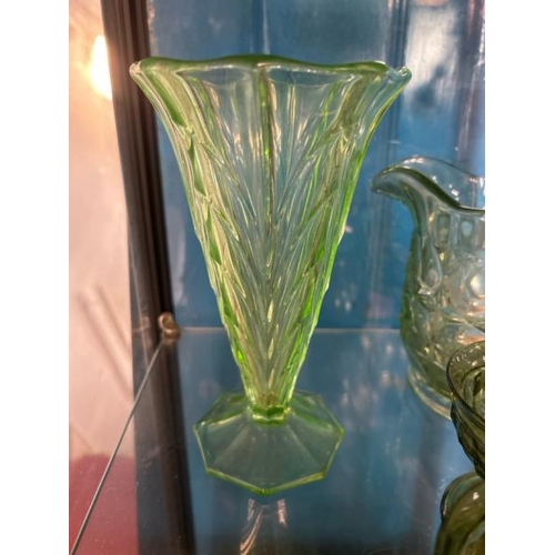 190 - Five assorted uranium glass pieces including desert cups, vases and jugs, largest 20cm (h)  / All lo... 