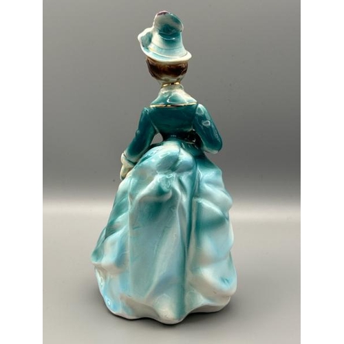 196 - Vintage porceline figurine of a lady in a blue hat, possibly missing umbrella, otherwise good condit... 