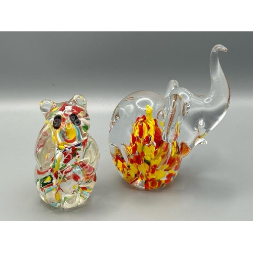 208 - Two glass murano style animal paperweights including an elephant and panda, tallest 10cm high  / All... 