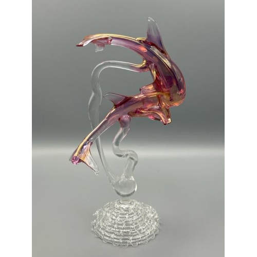 209 - Three delicate murano style glass animals including a bird in a cage, dolphins and long beak blue bi... 