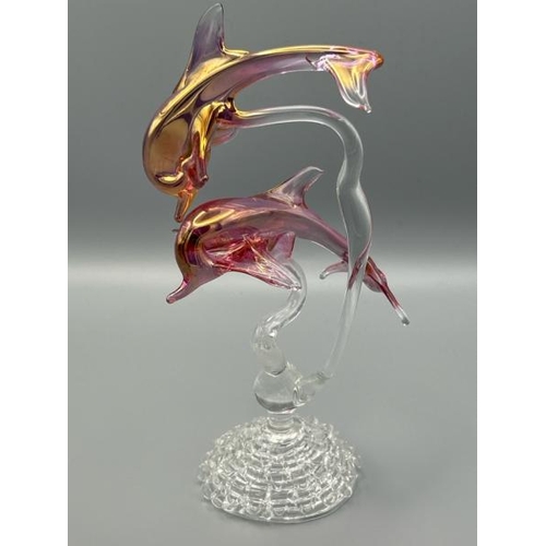 209 - Three delicate murano style glass animals including a bird in a cage, dolphins and long beak blue bi... 