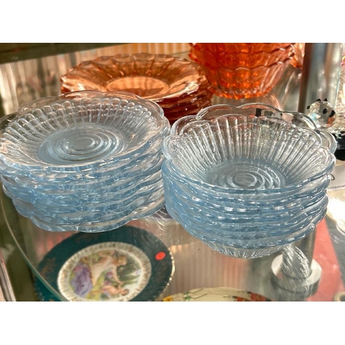 212 - Fifteen piece part set of vintage light blue glass dessert bowls and plates  / All lots are located ... 