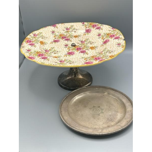 218 - Royal tudorware cake stand and small metal dish  / All lots are located at Gower Reclamation, Unit 1... 