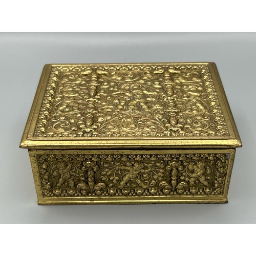 227 - Early 1900's Erheart & Sons art nouveau brass repousse tobacco or jewelry box, 12.5x5x10cm   / All l... 