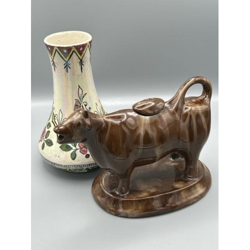 236 - Small glazed early 20th century vase and glazed pottery cow shaped gravy boat  / All lots are locate... 