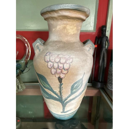 238 - Large studio pottery vase with twin handles decorated with flowers, 38cm high  / All lots are locate... 