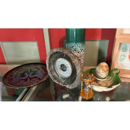 247 - Five assorted items including a stoneware vase, 23cm high, enamel candle holder, gemstone egg, a bar... 