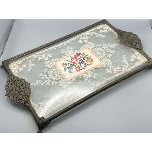 248 - Victorian filigree metal and lace dressing table tray, 36x19cm  / All lots are located at Gower Recl... 