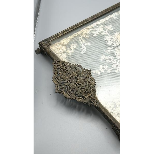 248 - Victorian filigree metal and lace dressing table tray, 36x19cm  / All lots are located at Gower Recl... 