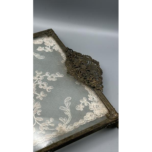 248 - Victorian filigree metal and lace dressing table tray, 36x19cm  / All lots are located at Gower Recl... 