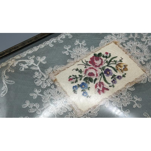 248 - Victorian filigree metal and lace dressing table tray, 36x19cm  / All lots are located at Gower Recl... 