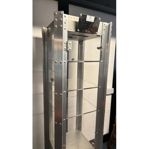 25 - Heavy aluminium sunglass display cabinet with three internal shelves and two drawers below, 185cm (h... 