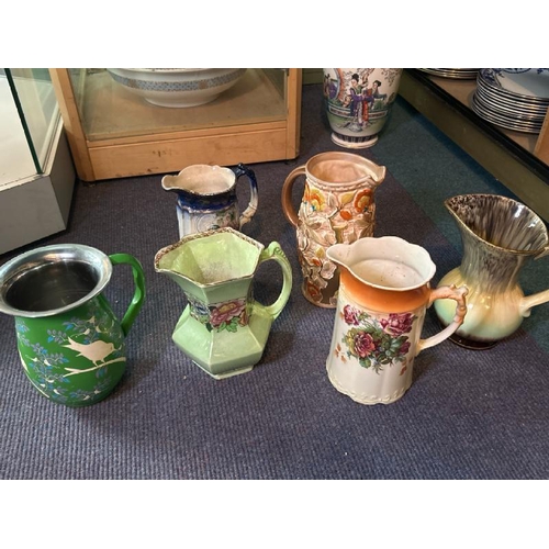 278 - Five assorted water jugs including Mailing Penny Rose, Indian Tree by H J Wood, and enamel jug  / Al... 