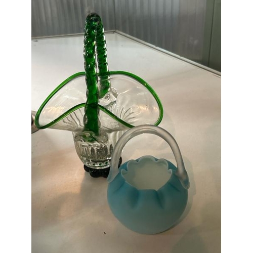 290 - Vintage green glass basket, with slight crack, and another, tallest 23cm (h)  / All lots are located... 