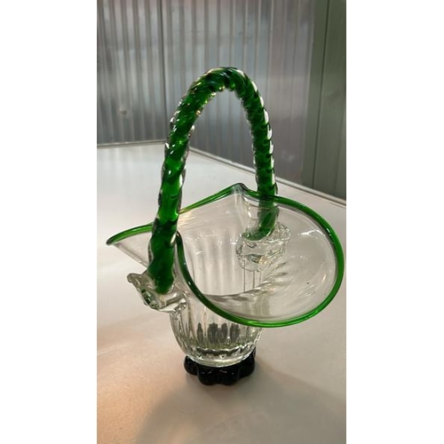 290 - Vintage green glass basket, with slight crack, and another, tallest 23cm (h)  / All lots are located... 