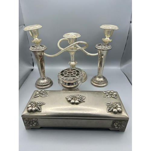 292 - Assorted silver plate including trinket box, candelabra, 20cm (h) x 31cm (w), and more  / All lots a... 