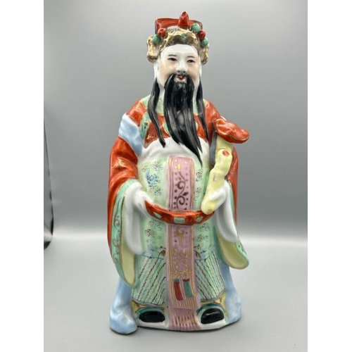 294 - Three porcelain figurines of Chinese Famille Rose Sanxing Gods, Fu Lu Shou, tallest 28cm (h)  / All ... 