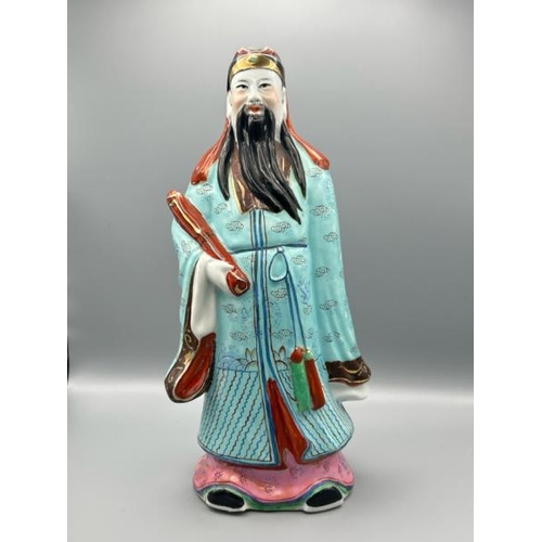 294 - Three porcelain figurines of Chinese Famille Rose Sanxing Gods, Fu Lu Shou, tallest 28cm (h)  / All ... 