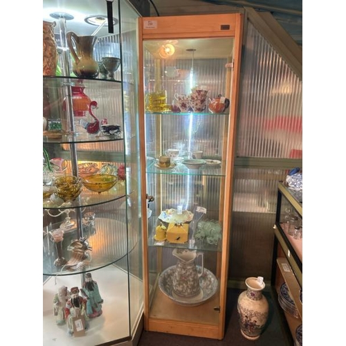 298 - Opera square display cabinet, three glass shelves, currently lit with an LED strip light, with key, ... 