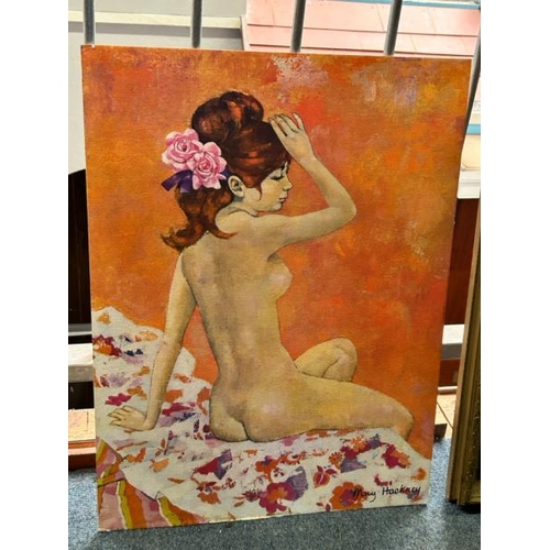 304 - Acrylic on board of a nude woman, signed Mary Hackney, 61cm (h) x 45.5cm (w)  / All lots are located... 