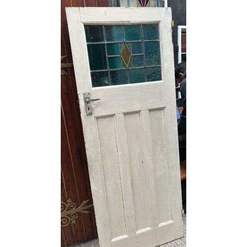 338 - Pine 3 panel door with stained glass lead light, door 197cm (h) x 76cm (w) x 3.5cm (d), window 41cm ... 